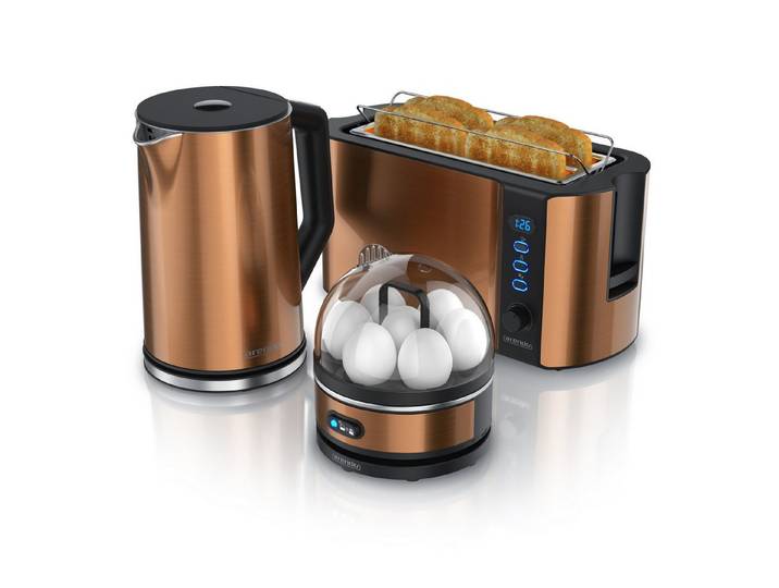 Arendo Frühstücks-Set Wasserkocher 1,5l, 4-Scheiben Toaster, 7er Eierkocher, Kupfer (3-tlg), Edelstahl, BPA-frei, GS-geprüfte Sicherheit, fürs Familienfrühstück