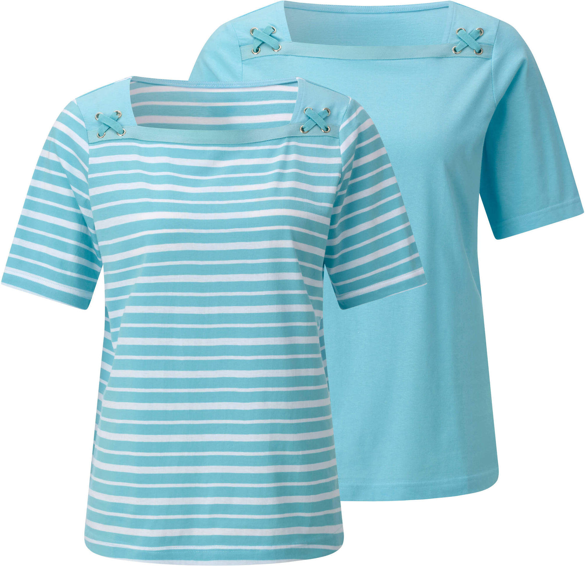 T-Shirt WITT "Shirt-Set Shirt-Set mit dekorativem Ausschnitt 2 Stück", Damen, Gr. 54, blau (aquamarin, aquamarin, weiß, geringelt), Sportlich, eckiger Ausschnitt, Shirts T-Shirt