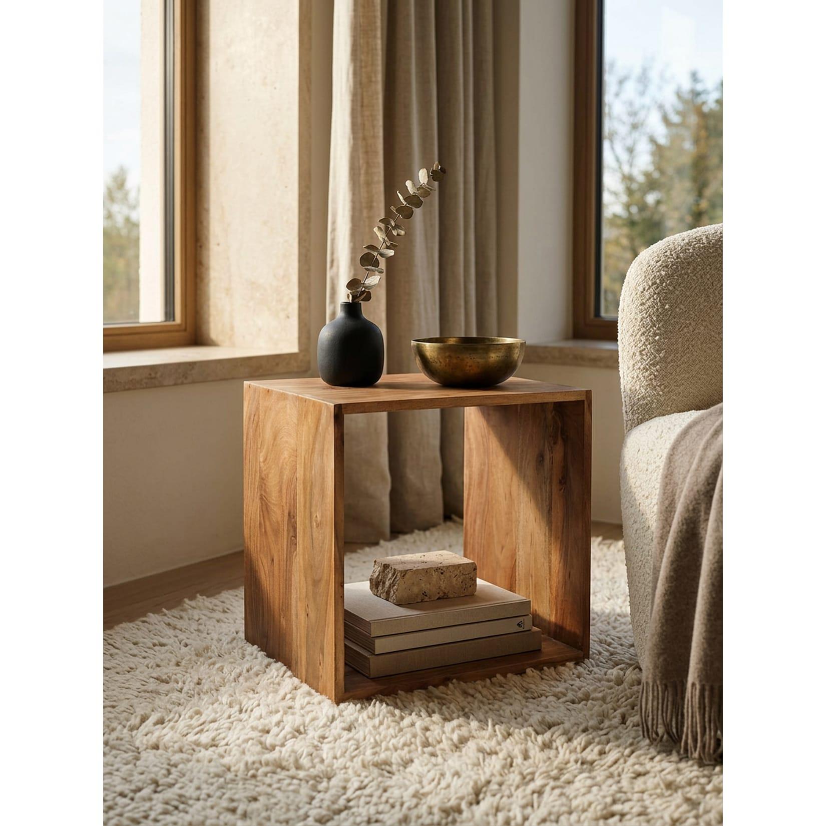 Beistelltisch Massivholz Cube Regal Landhausstil MUMBAI, Akazie 33x43x43 cm