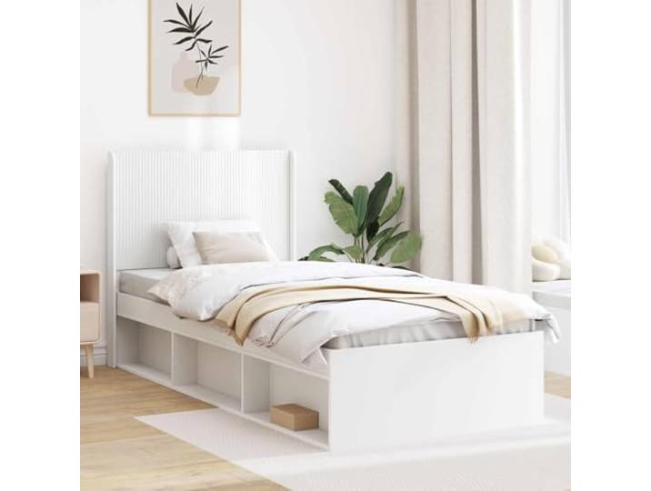RJPLMFV Bettgestell mit Stauraum und Kopfteil, Weiß, 90 x 200 cm Holzwerkstoff, Lattenrost inklusive, Matratze nicht im Lieferumfang enthalten, geräumiger integrierter Stauraum