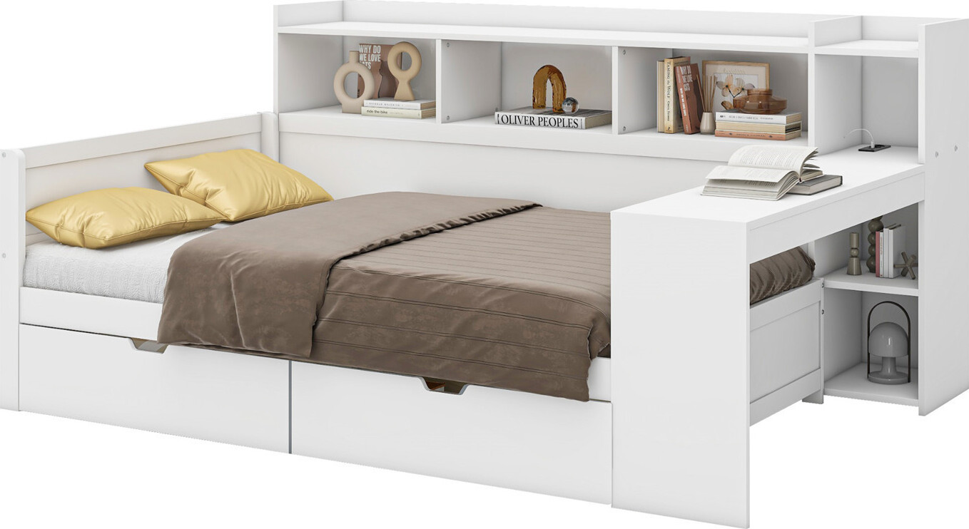 Schlafsofa,Daybett(Weiss)Tagesbett,Nachttischablage und Untertischablage, Bett mit Steckdose und USB-Anschluss, 2 Schubladen, Schreibtisch,Spanplatte