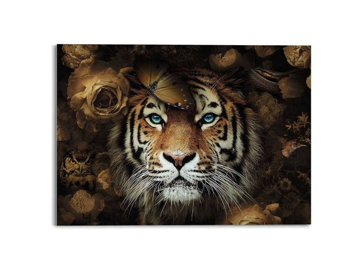 Tableau déco en verre Tigre et fleurs Impression sur plexiglas Marron 70 x 50 x 2cm