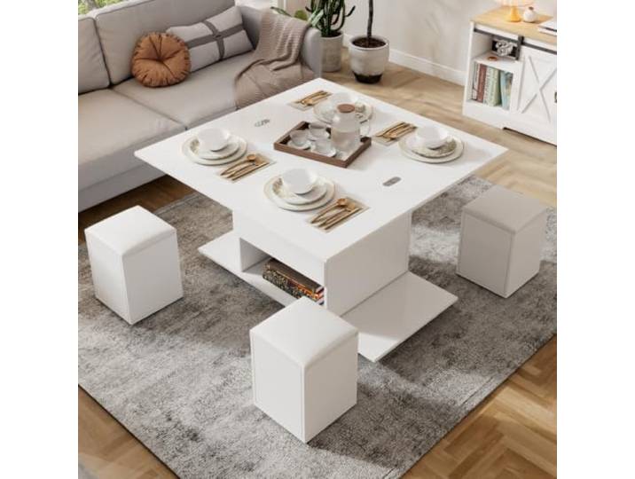 LOBO OFFICE Multifunktionaler Salontisch mit Stauraum und 4 Hockern Sanfter höhenverstellbarer Hebemechanismus, geräuscharm und schützt vor eingeklemmten Fingern, geeignet für Familien mit Kind