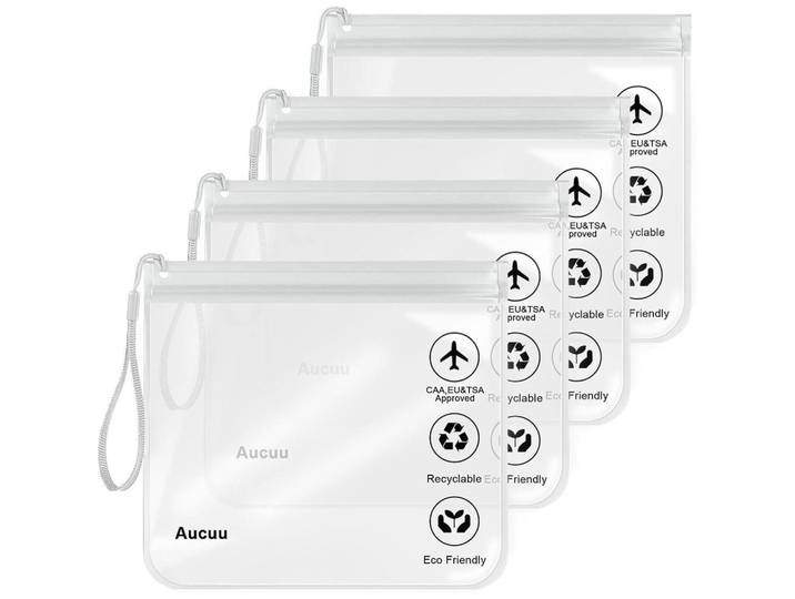 Durchsichtiger Kulturbeutel für Flugzeug Flüssigkeiten, 4-teiliges Set, Transparent, Kunststoff, 20x20x20 cm, Badaccessoires, Kosmetikdosen