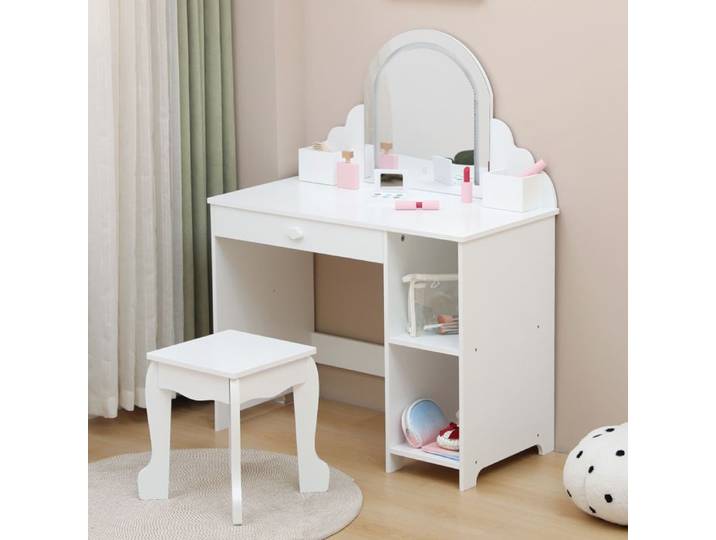 Coiffeuse Enfant en Bois Miroir et Tabouret Table de Maquillage Lumière LED Meuble Chambre Enfant Autres accessoires Blanc