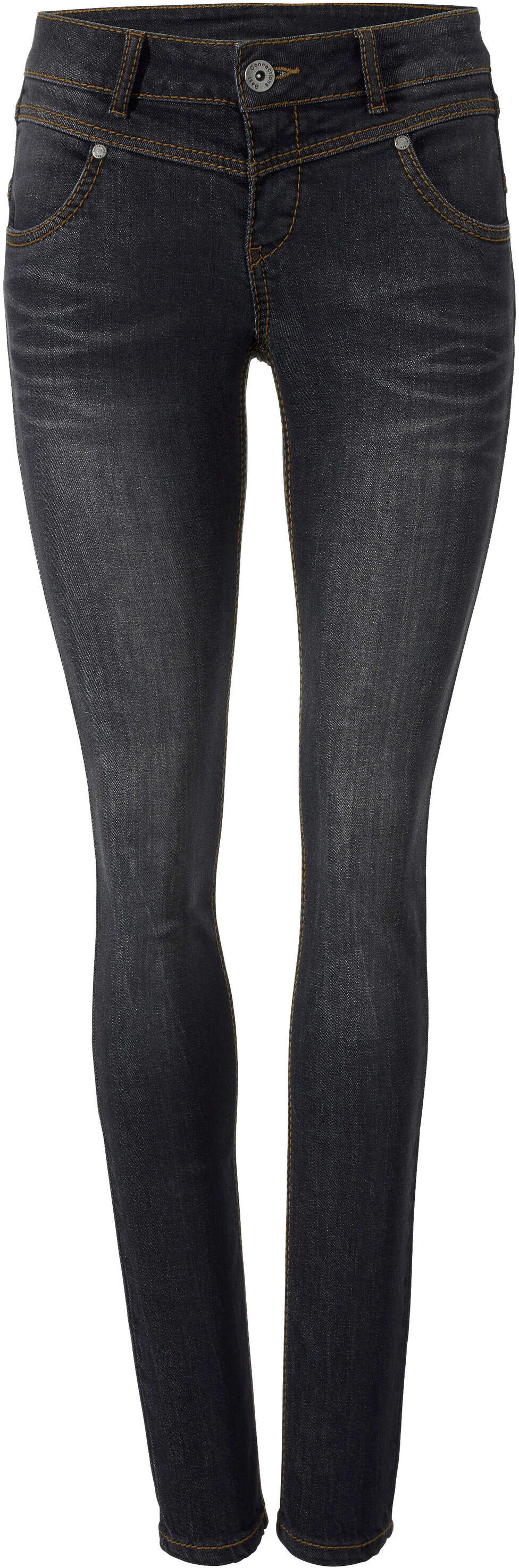 Skinny-fit-Jeans HEINE "Skinny-Jeans Skinny Jeans mit vertiefter Leibhöhe", Damen, Gr. 40, N-Gr, schwarz denim, Modisch, slim fit, Jeans Skinny-fit-Jeans