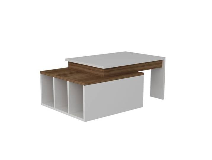Toilinux - Table basse sur 2 niveaux avec 3 niches de rangement - Blanc et Marron