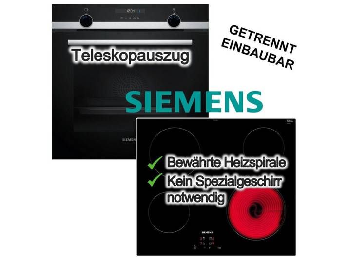 SIEMENS Backofen-Set Einbaubackofen Hydrolyse Teleskopauszug + Glaskeramik Kochfeld, mit 1-fach Teilauszug, Hydrolyse