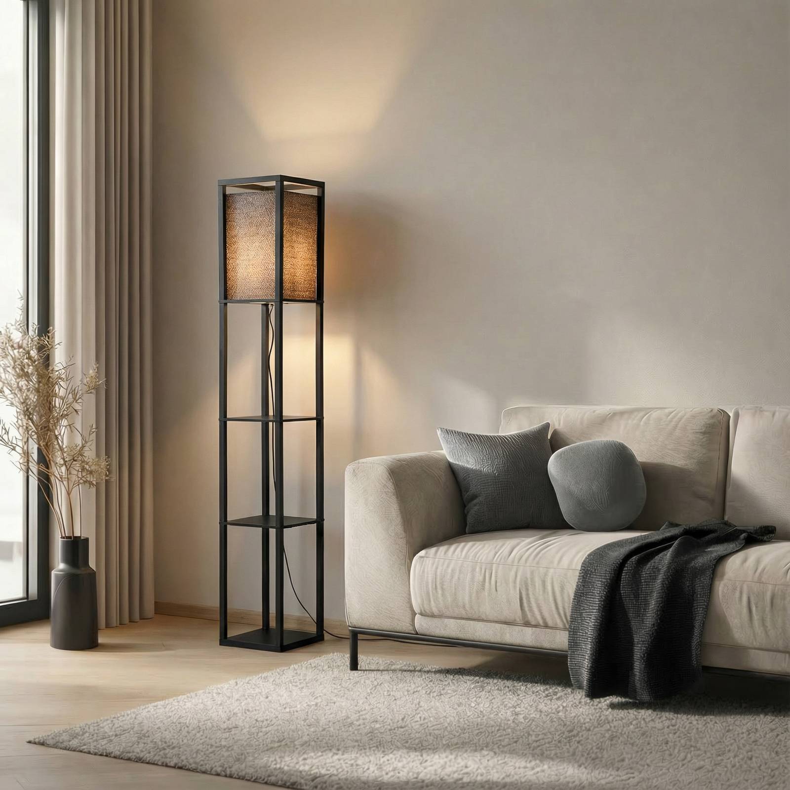 Floor Lamp Birta Lindby, Black, Living / Dining Room, Wood, Modern, Floor Lamp