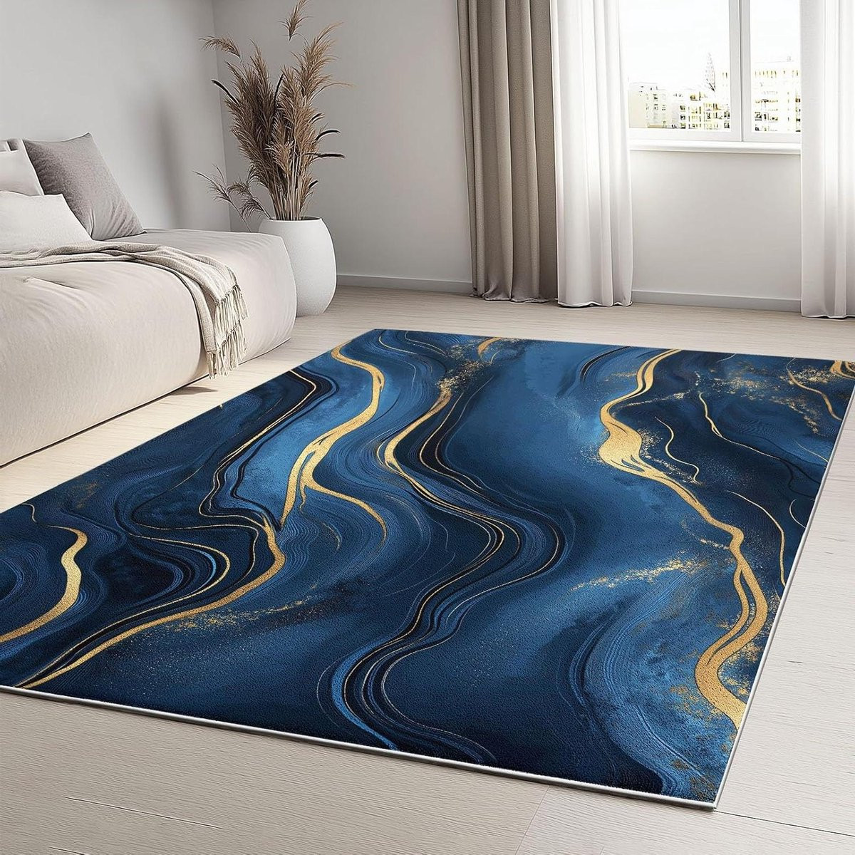 Modern Abstract Vloerkleed Viscose Donkerblauw Goud