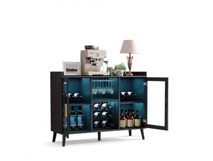 Zstar Modernes Weinbar Sideboard Mit LED Beleuchtung Weinglashalter, Glastüren, Geräumiges Weinregal Freistehender Holzschrank Für Wohnzimmer, Esszimmer Oder Küche Stilvolle Aufbewahrung Für