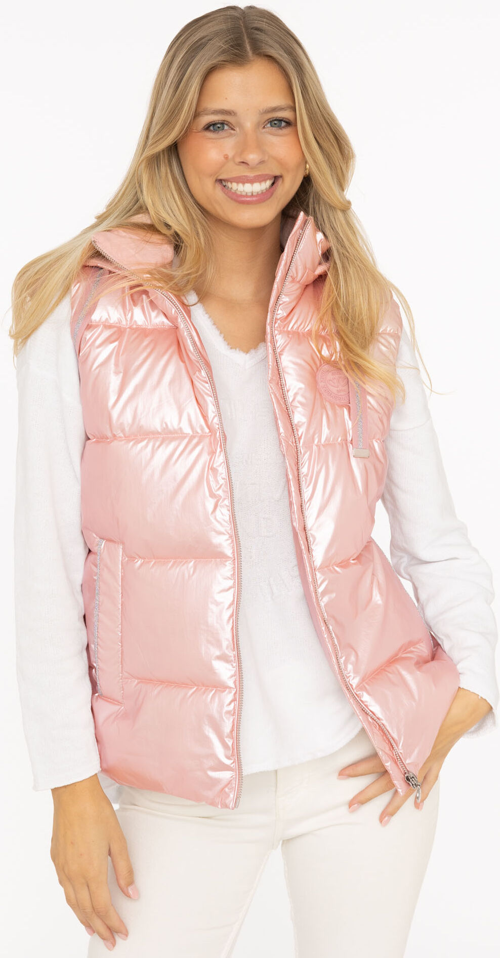 Steppweste ZWILLINGSHERZ "Zwillingsherz", Damen, Gr. L, hellrosa, Web, Obermaterial: 100% Nylon, Glitzerstreifen, glänzend, unifarben, hüftbedeckend, ohne Ausschnitt, Westen Steppweste, Frontreissverschluss, Kapuze, seitlichen Taschen hellrosa L