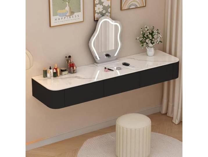 Schwebender Wand‑Schminktisch Mit Schubladen, Steinplatte, Nussbaumholz Schwebender Wandmontierter Schminktisch Mit Schubladen Und Steinplatte, Frisiertisch Für Schlafzimmer In Nussbaumholz