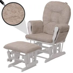 Relaxsessel MCW-C76, Schaukelstuhl Schwingstuhl mit Hocker Stoff Chenille (465g/m2) Öko-Tex ~ creme, Gestell weiß