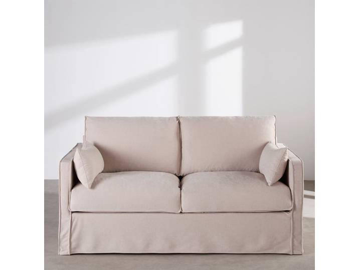 Dreisitzer-Schlafsofa mit abnehmbarem Bezug aus beigefarbenem Polyestergewebe, 10 cm dicke Matratze