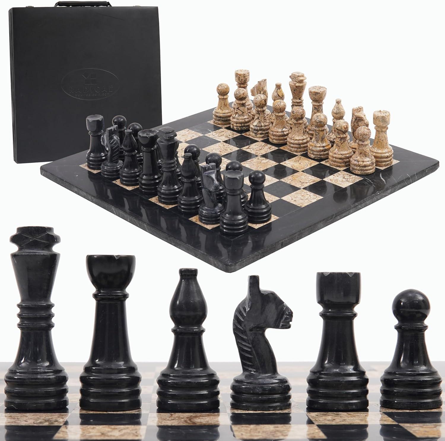Marmor-Schachspiel 15 Zoll, 32 Figuren, Handgefertigt, Schwarz/Koralle