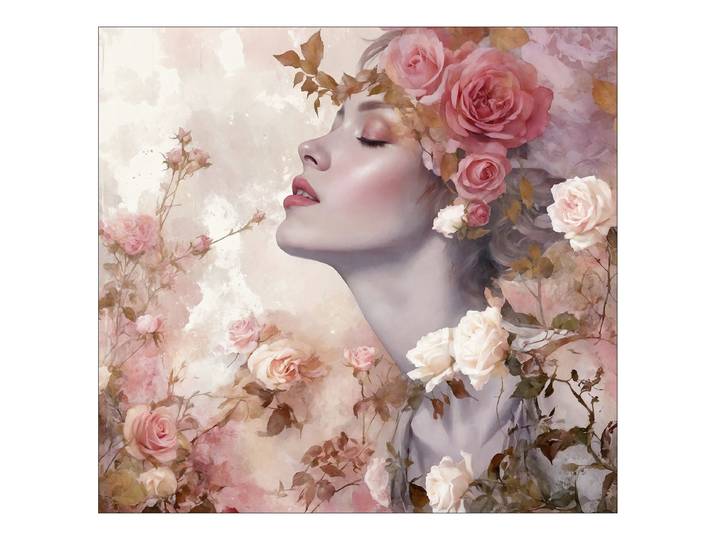 Tableau verre Flowers On Her Head type B Verre flotté Blanc/Vert/Rose foncé 80 x 80 x 1cm
