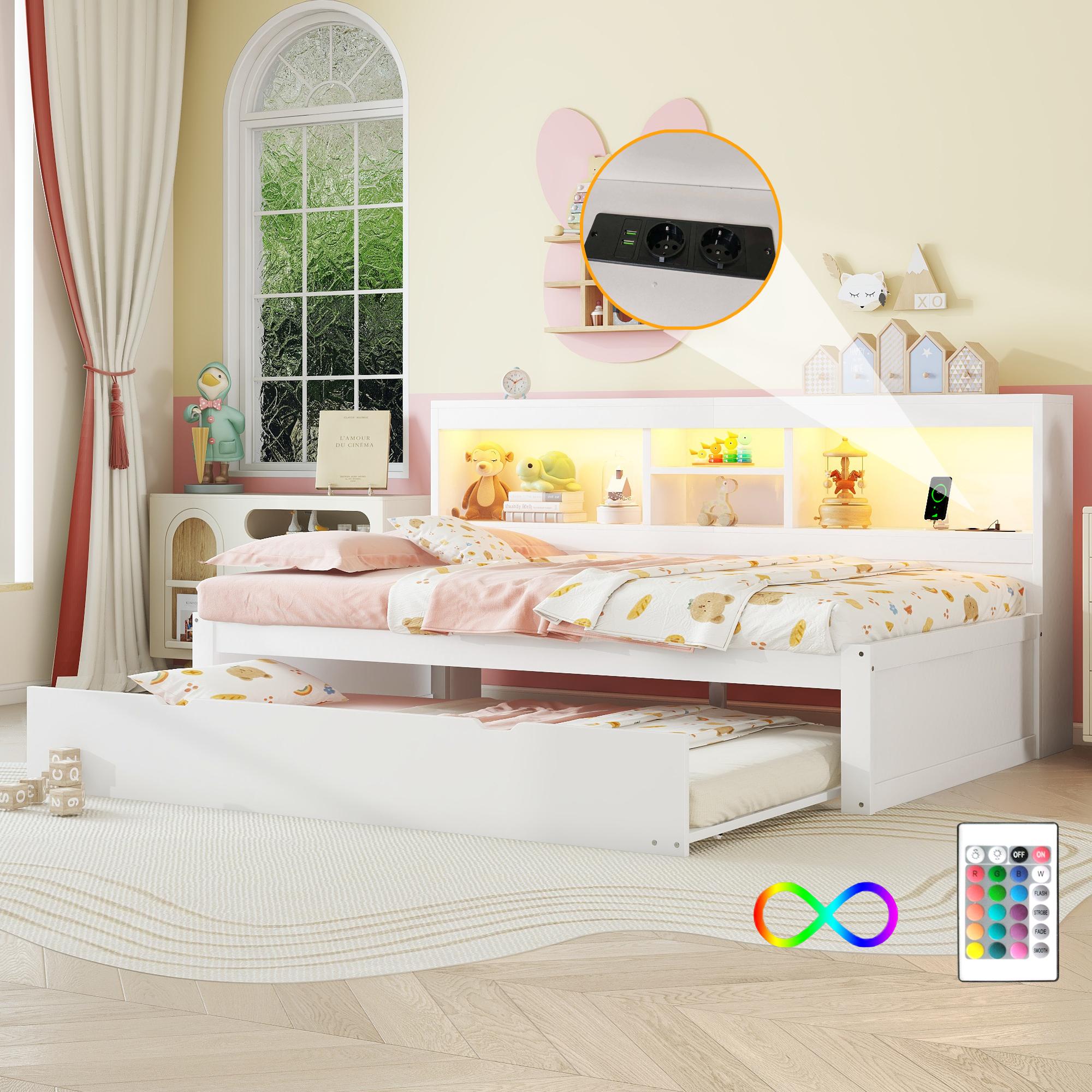 Schlafsofa 90x200 cm mit ausziehbarem Rollbett 90x190 cm, LED-Ambientebeleuchtung, Steckdose & USB, Seitenfach, Weiß/Natur