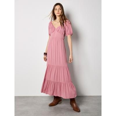 Maxikleid APRICOT "Maxikleid mit Stufenrock", Damen, Gr. XL (42), N-Gr, rosa (pink), gewebt, Obermaterial: 89% Viskose CV. 11% Lyocell CLY., Puffärmel Elastisch, Kleider Maxikleid, in Knitteroptik
