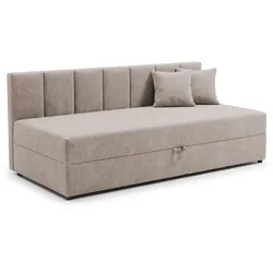 TAGESBETT Lenny mit Rückenlehne und großem Bettkasten aus Taupe Chenille-Stoff