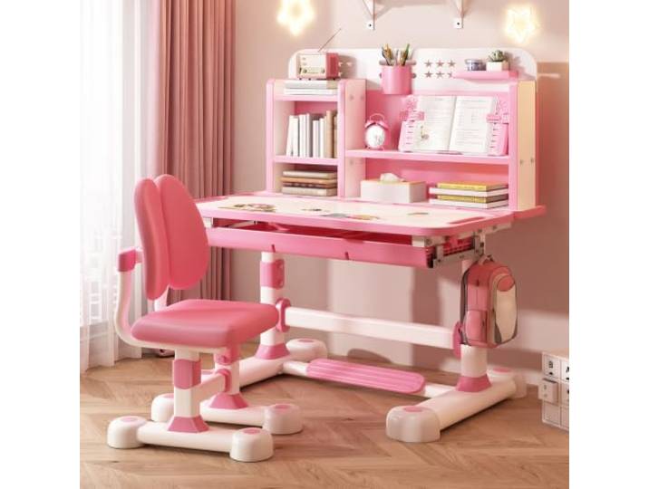 Autrfso Kinderschreibtisch Set mit Stuhl, höhenverstellbarer Schülerschreibtisch 80x50 cm, 0-50° neigbare abwischbare Tischplatte, Bücherständer, Schublade, Haken für Kinder 6-12 Rosa