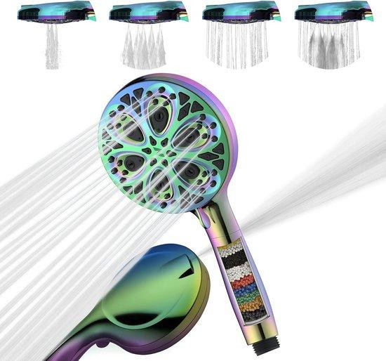 Famanu Handdouche met hoge druk, filter en 10 straalpatronen, 5-inch, Regenboogkleuren