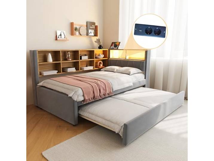 Ball & Cast Schlafsofa (90x200cm & 90 * 190cm) Tagesbett mit USB-Anschlüssen und Leuchten, Einzelbett mit Mehreren Ablagefächern, Ohne Matratze, Dunkelgrau
