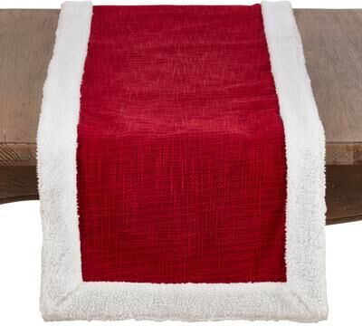 Saro Lifestyle Cotton Red Christmas Runner With Sherpa Edges