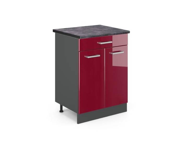 Vicco Küchenunterschrank R-Line, Rot Hochglanz, 60 cm 1 Schublade · Arbeitsplatte Anthrazit · Höhenverst. Füße · 2 Türen · Leichter Zugriff