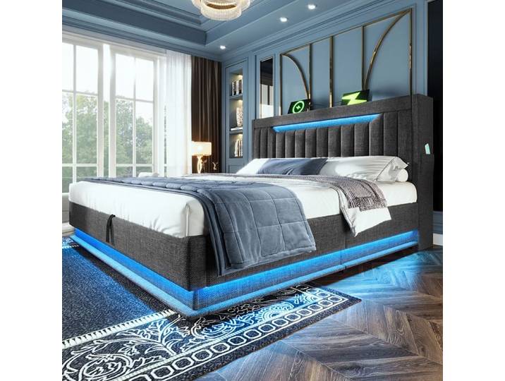 Lit coffre - YEHTOKHOME - Lit coffre 160x200 cm - Sommier relevable hydraulique - Tête rembourrée lin gris - LED & USB-C