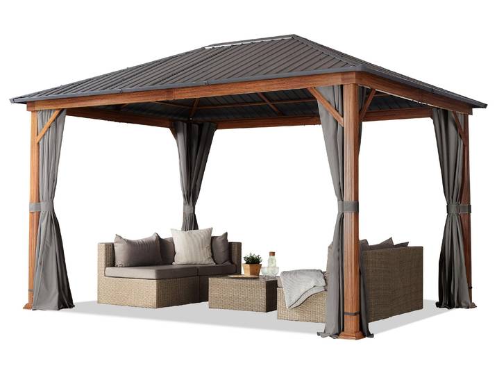 TOOLPORT Tonnelle de jardin 3x4 m aspect bois\, toit en acier 4 parois latérales\, gris