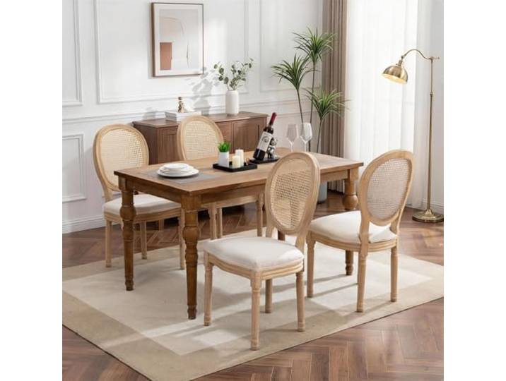 SoarFlash Französische Esszimmerstühle 4er Set, Rattan Rundlehne, Massivholz Beine, Landhausstil Vintage Stühle, Leinenpolsterung, Beige, für Esszimmer Küche Schlafzimmer