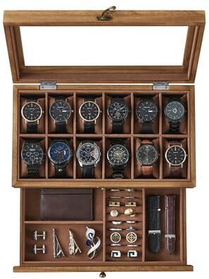 Uplifted Goods Premium Two Tier Watch Display Case With Clear Lid And Velvet Lining brown