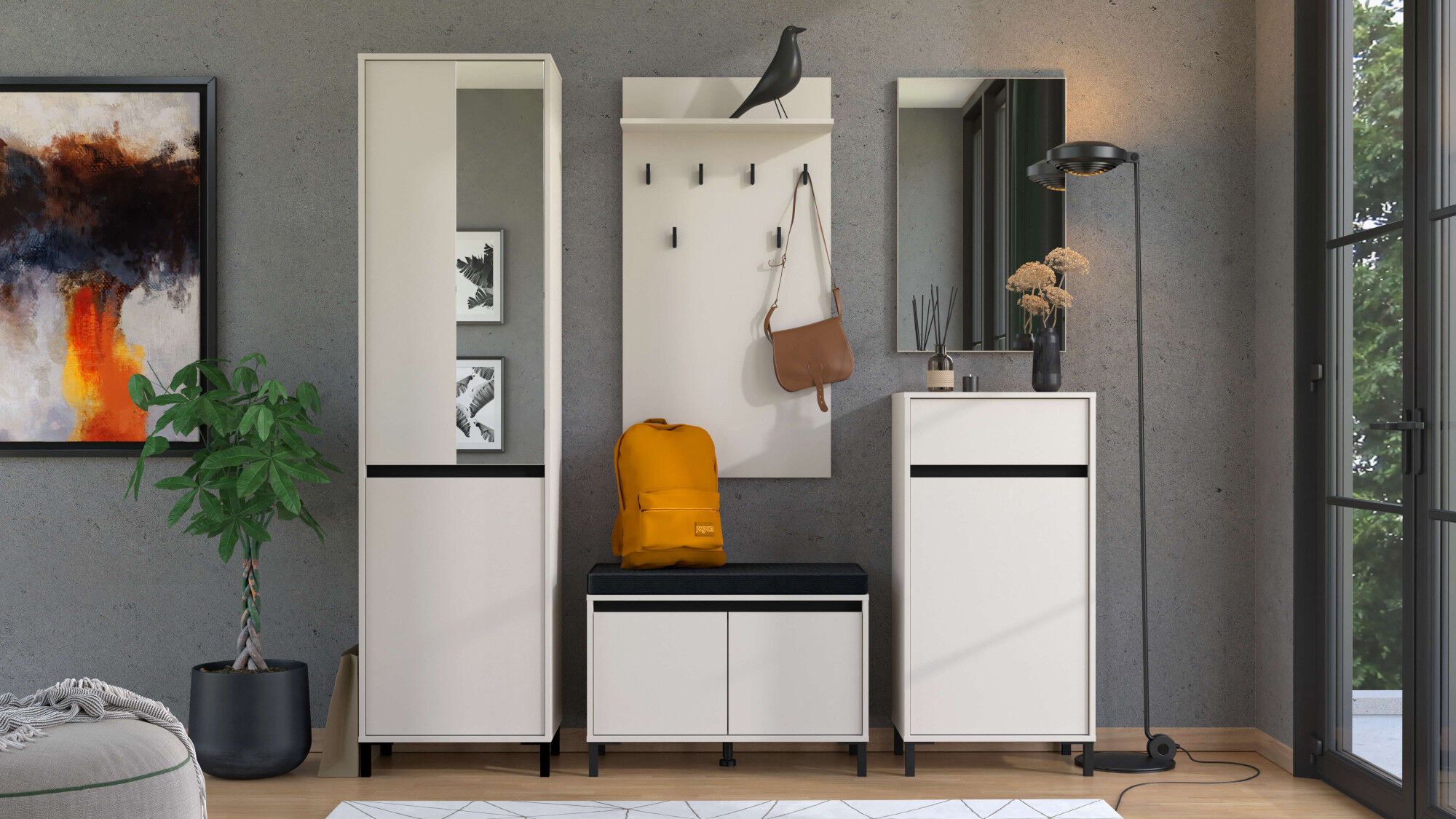 Garderoben-Set HOME AFFAIRE "Arran Flurmöbel, Dielenmöbel mit Spiegel Breite 189 cm", weiss (kaschmir), B:189cm H:205,5cm T:40cm, Glas, Holzwerkstoff, Kunststoff, MDF, Metall, Kastenmöbel-Sets, Garderoben-Set, 2 Schränke, Sitzbank, Garderobenpaneele & Spi
