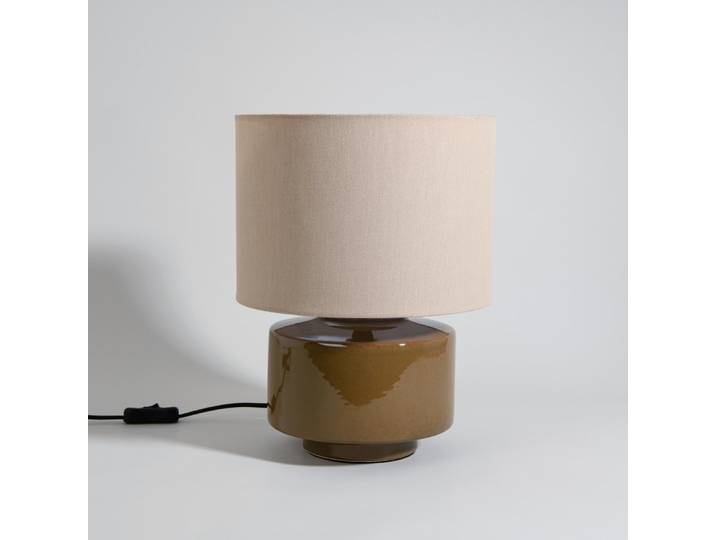 Lampe aus braunem Steinzeug mit cremefarbenem Lampenschirm