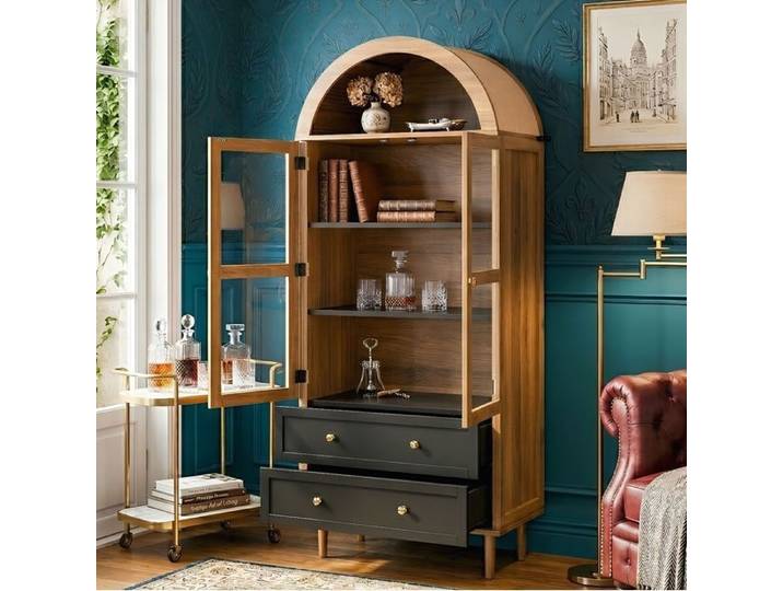 Buffet Haut 70x38x168cm - Rangement Flexible - Vitrine & Rangement - Design Rétro - MDF Noyer