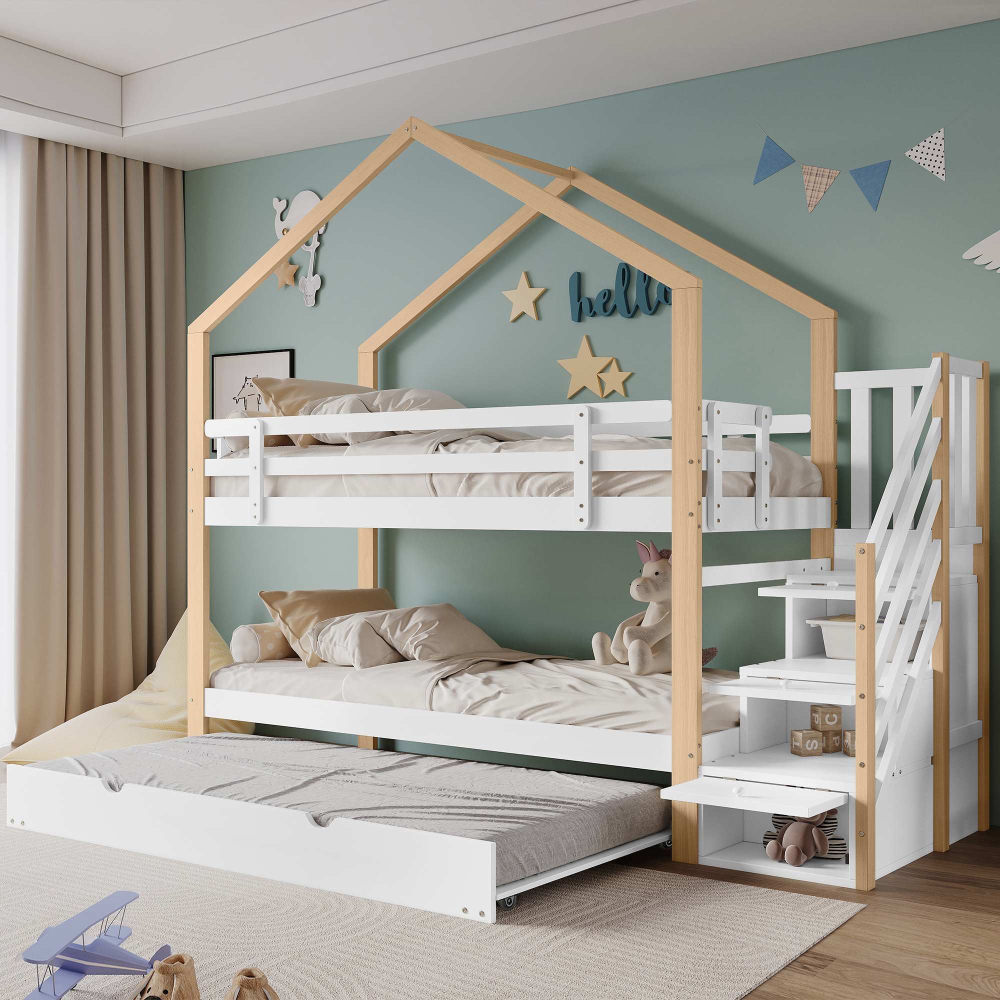 Kinderzimmer Etagenbett mit Baumhausdesign, Schiebe- & Ausziehbetten, 4 Schubladen, Tragfähigkeit 100kg, Maße 90x200cm & 90x190cm, 255x94.5x224.5cm