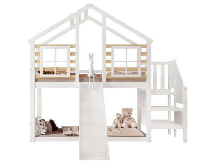 Stilvora Etagenbett 90/200 cm in Weiß & Natur mit Rutsche, Fenster und Treppe Massivholz Blockhaus-Design, Holz, 90x200 cm, Babymöbel & Kindermöbel, Kinderzimmer & Jugendzimmer, Stockbetten