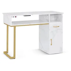 BarberPub Manikürtisch mit Schublade & Schrank, Nageltisch mit Absaugung, 3 Steckdosen, 2 Staubsaugerbeuteln, Nagelfrisiertisch Holz, Schreibtisch für Nagelstudio, Marmor-Weiß Gold, 50x110x82cm, 2491
