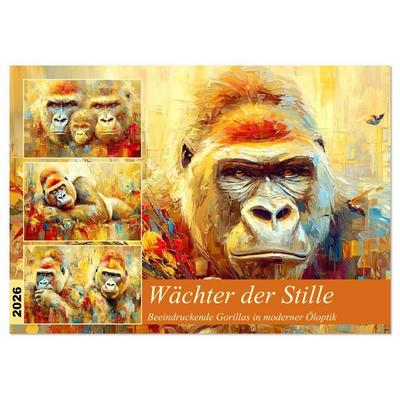 Wächter der Stille. Beeindruckende Gorillas in moderner Öloptik (Tischkalender 2026 DIN A5 quer), CALVENDO Monatskalender