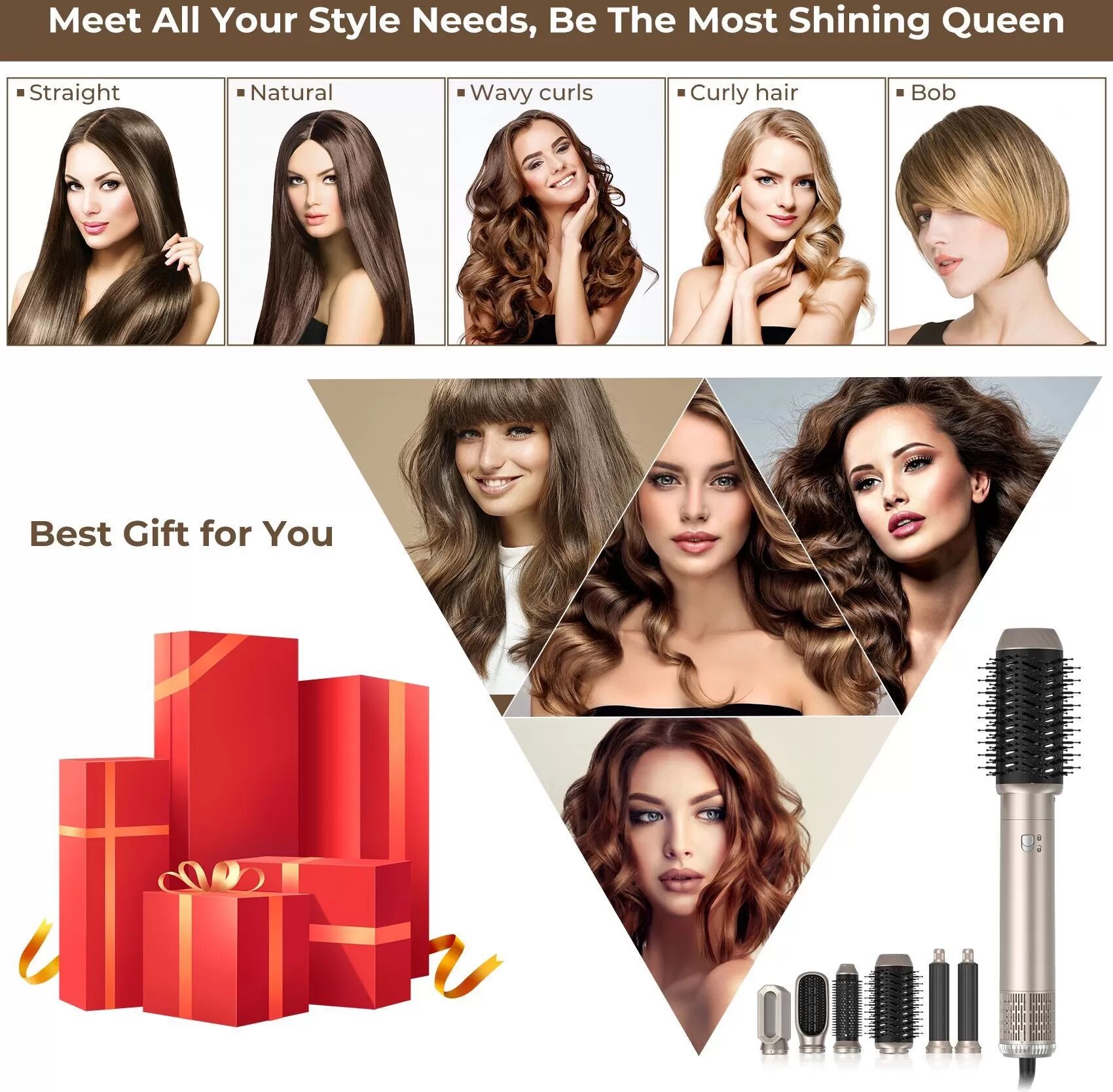 INF 5-in-1 Gold Heißluftbürsten-Styler - EU-Stecker: Volumen, Locken und Glätten leicht gemacht
