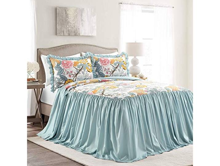 Lush Decor Sydney Tagesdecken-Set, 3-teilig, Blumenmuster, Queensize-Bett, Blau und Gelb