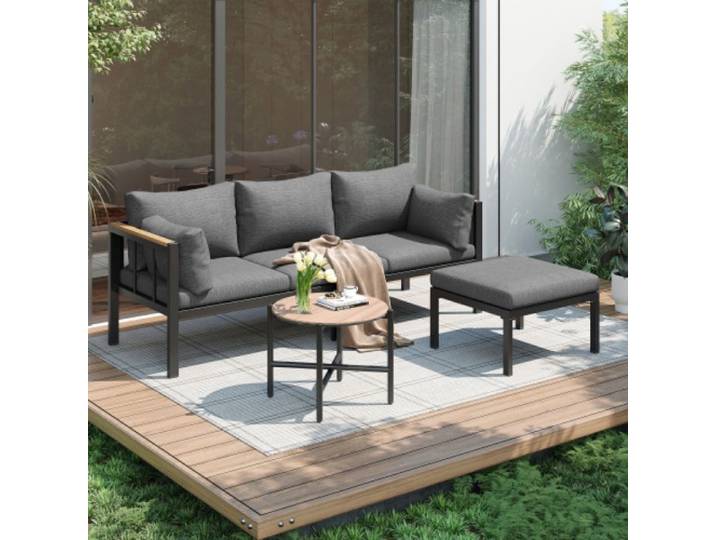Salon de jardin extérieur ensemble mobilier d'angle canapé + table basse + repose-pieds tube acier galvanisé plateau verre
