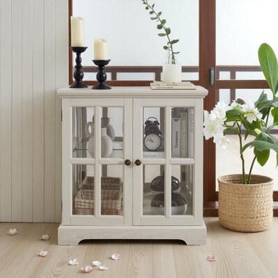 Fundinbaths LED Lighted Curio Display Cabinet with Adjustable Shelves, Retro Glass Showcase and Lattice Doors