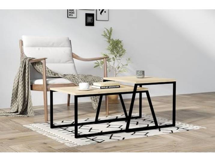 Hanah Home Modern Coffee Table with Wall-Mount Option, Oak & Black, 75x37x50 cm 100% Melamine Coated, 18mm Thick Stylish Design with Additional Storage & Shelves
