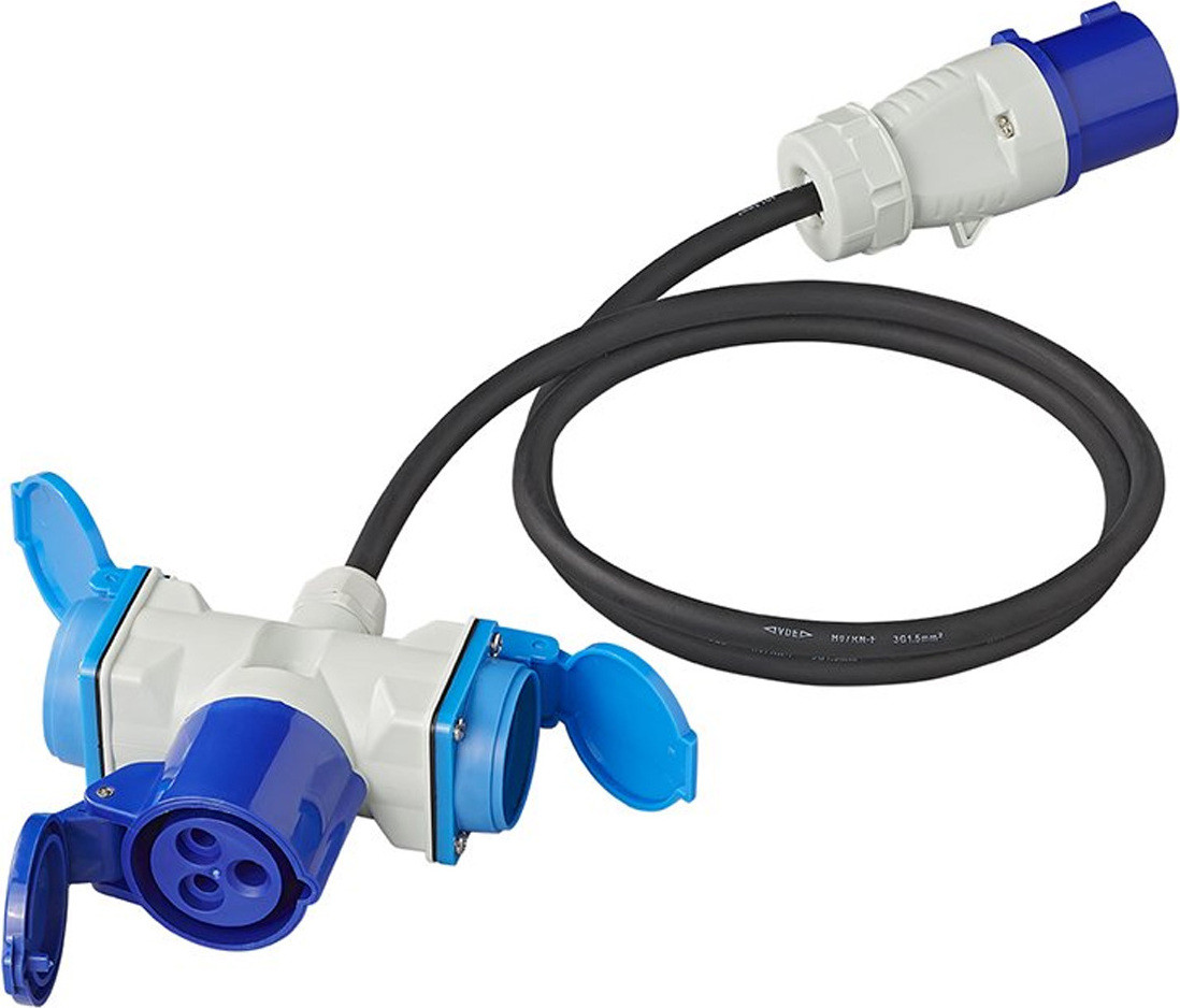 Pricenet Adapterkabel 150 cm met 3x1,5mm², CEE-stekker naar 2x Schuko-stekker en 1x CEE-stopcontact