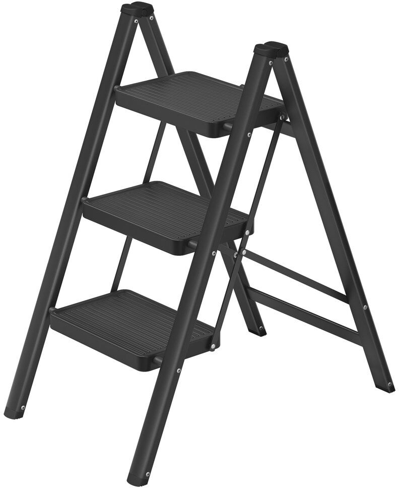 WFX Utility 3 Step Ladder, Folding Step Stool, Holds up to 150 kg Black 2.3cm H