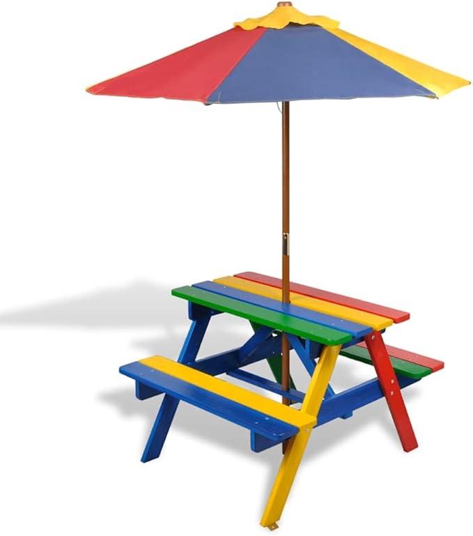 Kinder Picknicktisch aus Tannenholz mit Bänken und Sonnenschirm Mehrfarbig, Gartentisch für Terrasse Balkon Garten Patio Veranda Hof Camping Picknick Grillen, 60 kg belastbar