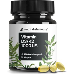 natural-elements Vitamin-D 120 Weichkapseln, Vitamin D3 + K2 MK7, hochdosiert, je Weichkapsel 1000 I.E.