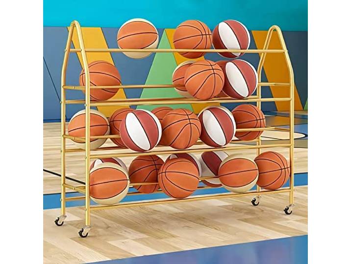 Basketbal Aufbewahrung Regal Ballwagen 4 Etagen Fußballregal Mit Rollen Sportsbälle Kapazität Ball Organizer Platzsparend Für Sporthallen Basketball Fußball(Gold,97cm)